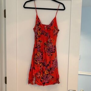 Free People Red Floral Mini Slip Dress with Pink & Yellow Accents